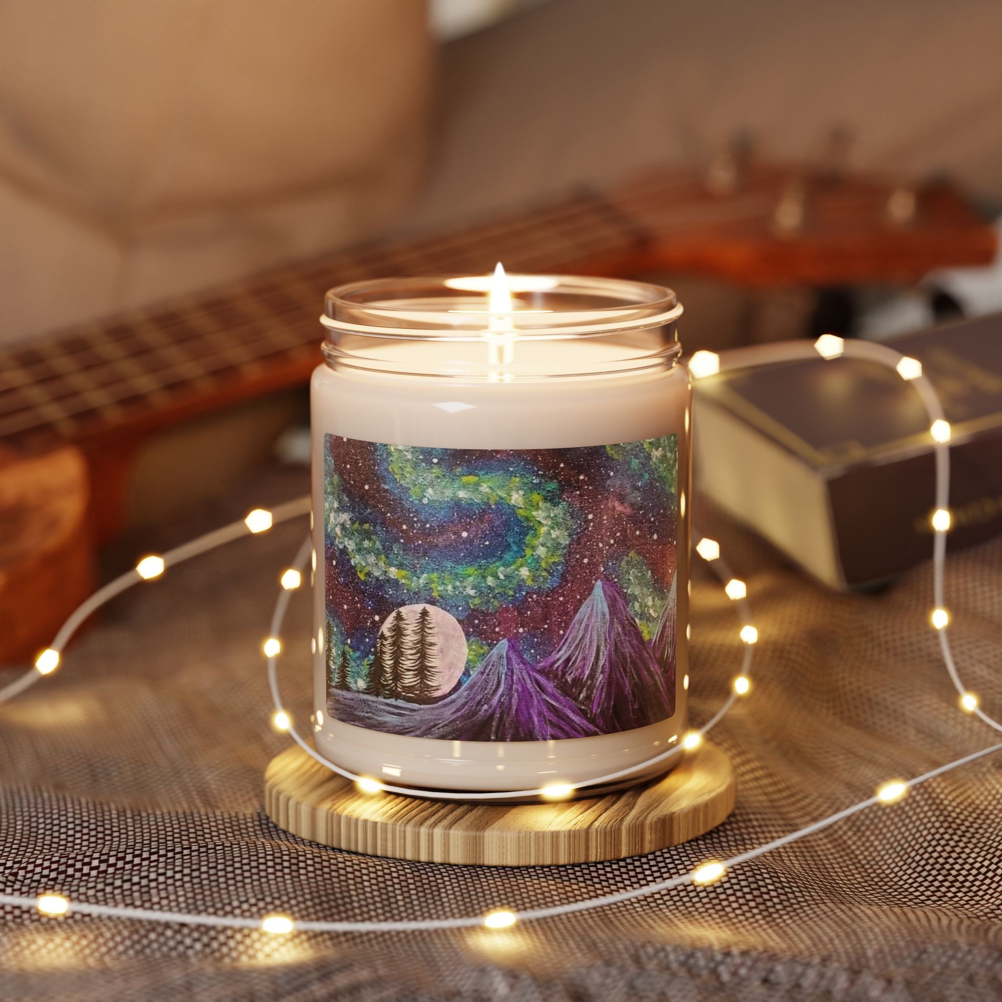 Aurora Night Soy Candle — 9oz Scented Jar with Mountain & Moon Artwork