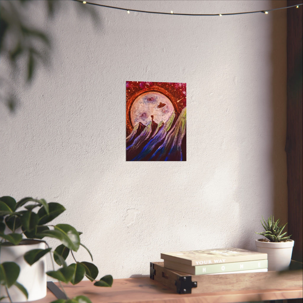 Cosmic Mountain Moon Matte Poster — Surreal UFO Landscape Print