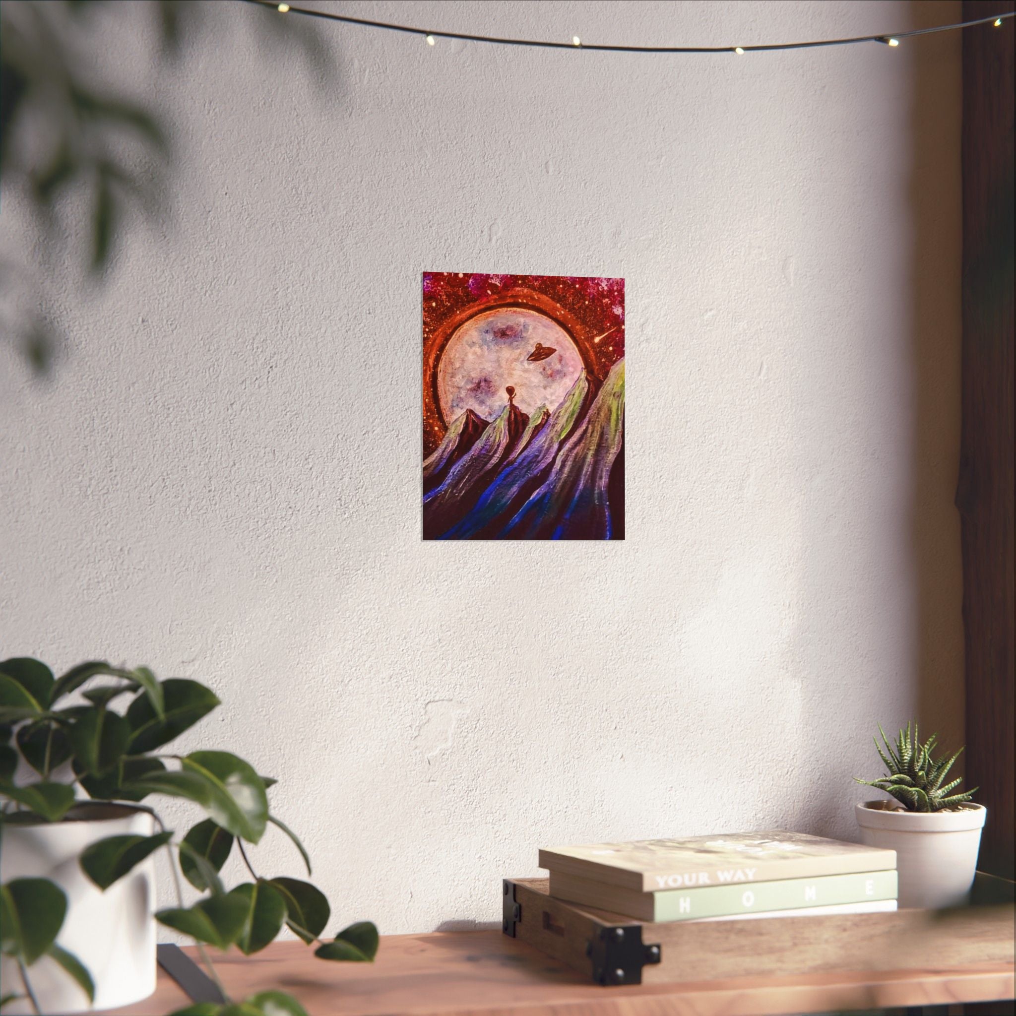 Cosmic Mountain Moon Matte Poster — Surreal UFO Landscape Print