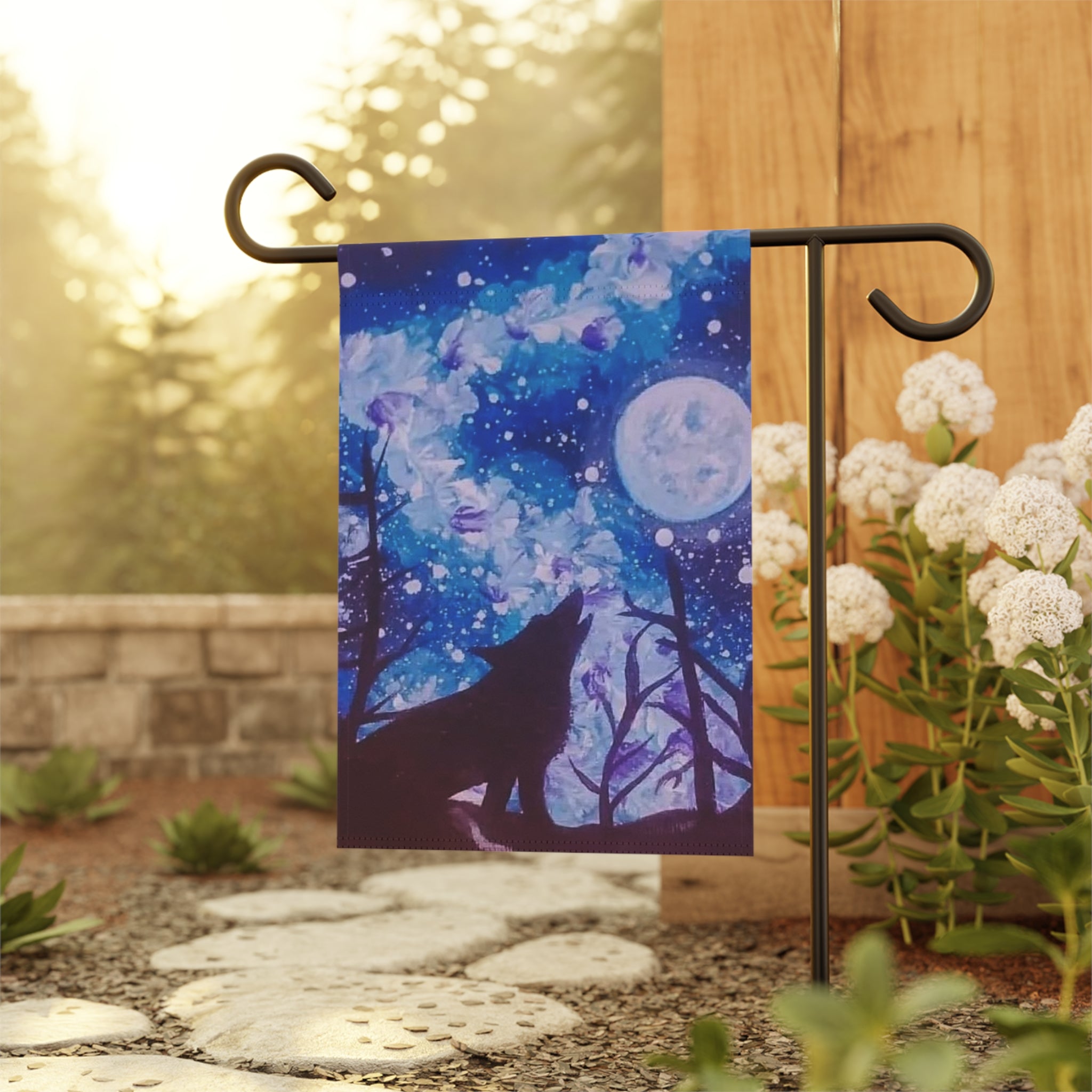 Mystical Wolf Garden Banner, Outdoor Decor, Housewarming Gift, Moonlight Design, Floral Flag, Home & Garden Decoration