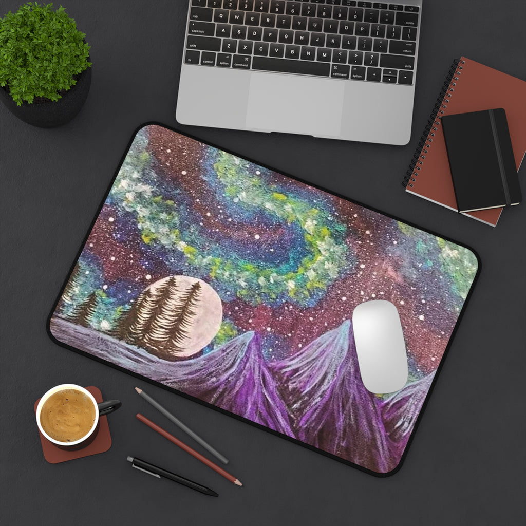 Cosmic Nightscape Desk Mat — Purple Mountains & Aurora Mouse Pad