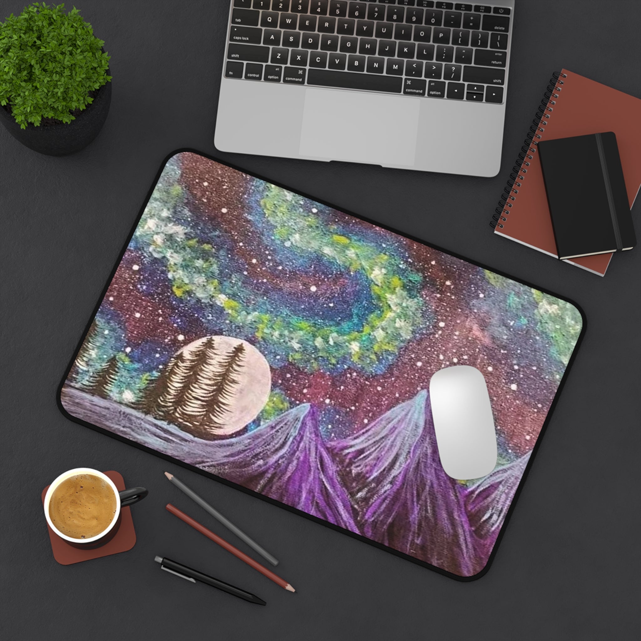 Cosmic Nightscape Desk Mat — Purple Mountains & Aurora Mouse Pad