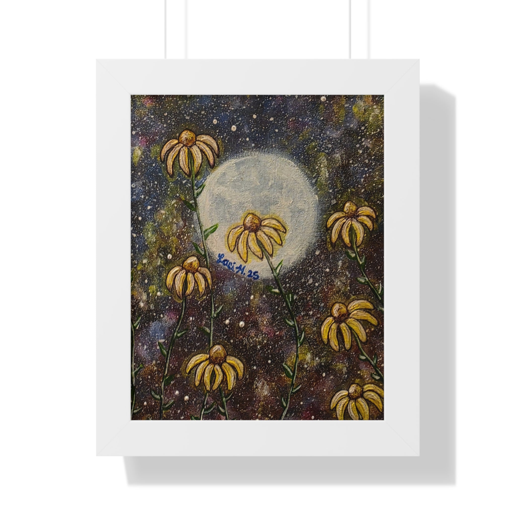 Moonlit Daisies Framed Poster — Botanical Night Sky Wall Art