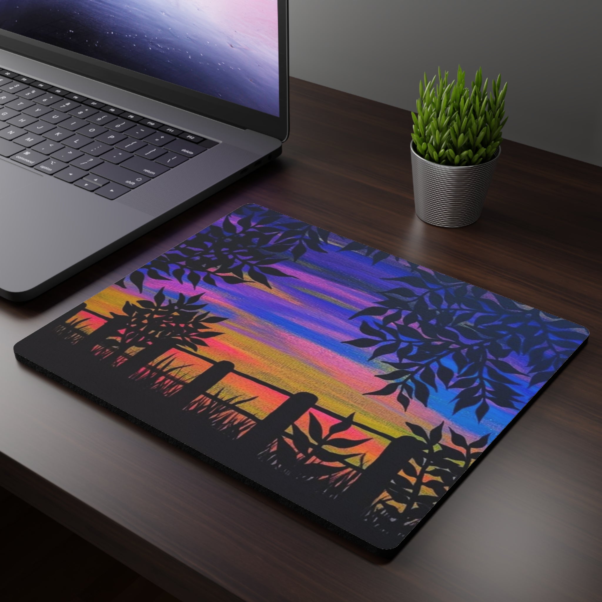 Sunset Silhouette Mouse Pad — Vibrant Evening Landscape Desk Mat