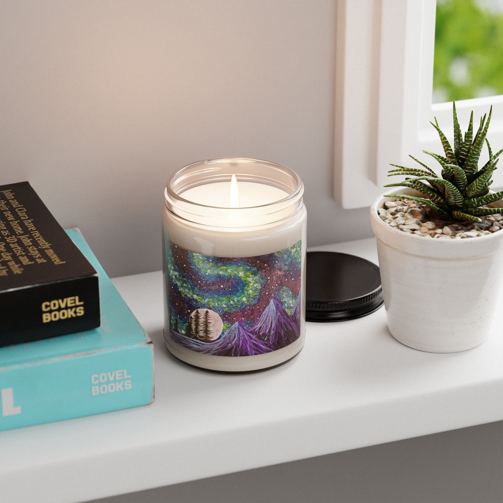 Aurora Night Soy Candle — 9oz Scented Jar with Mountain & Moon Artwork