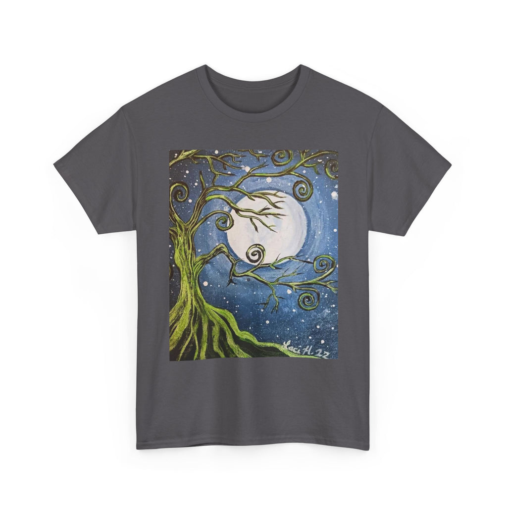 Ethereal Moonlight Tee, Unisex Heavy Cotton Tee, Night Sky Shirt, Nature Lover Apparel, Mystic Tree Top, Gift for Stargazers