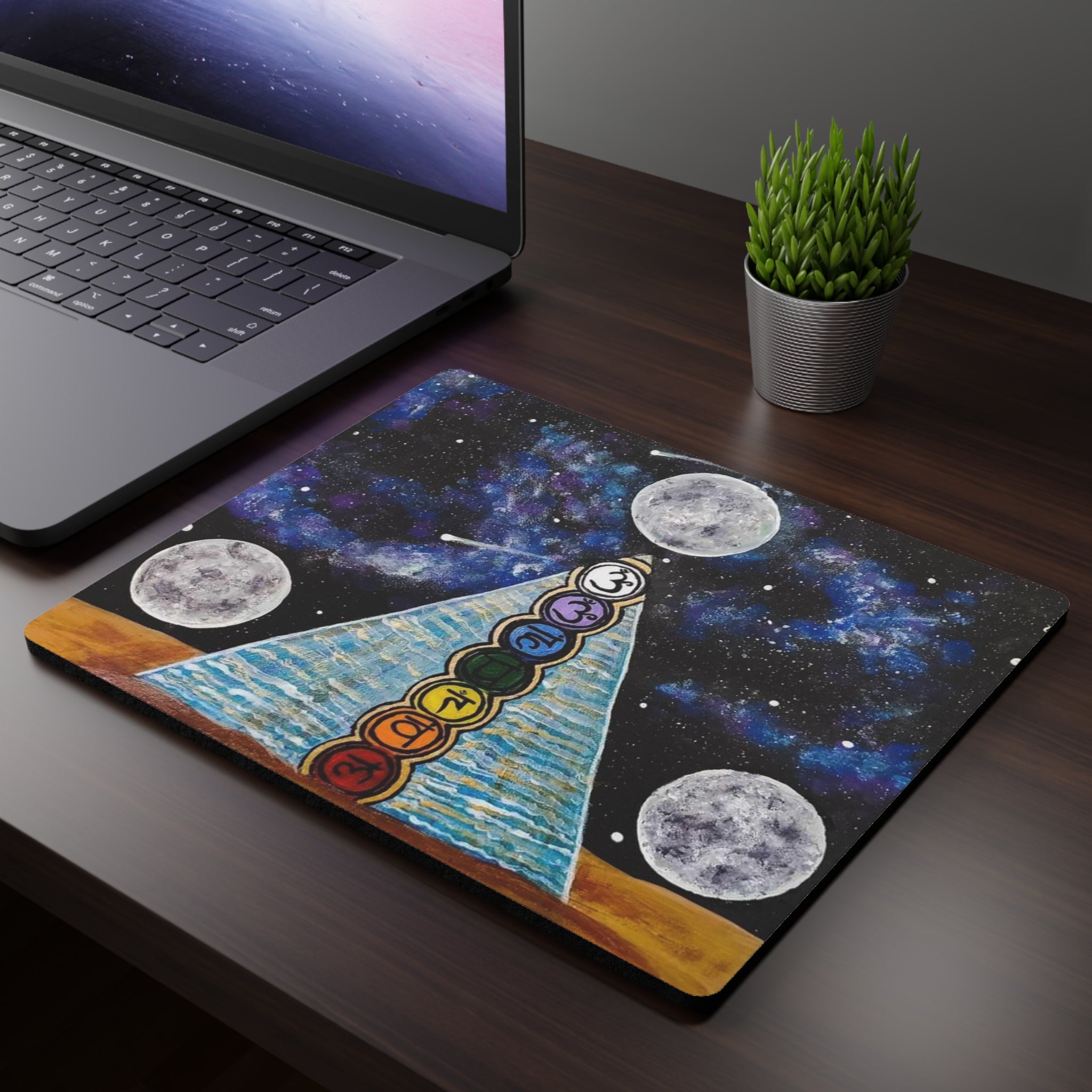 Chakra Pyramid Moon Rectangular Mouse Pad — Cosmic Spiritual Desk Mat