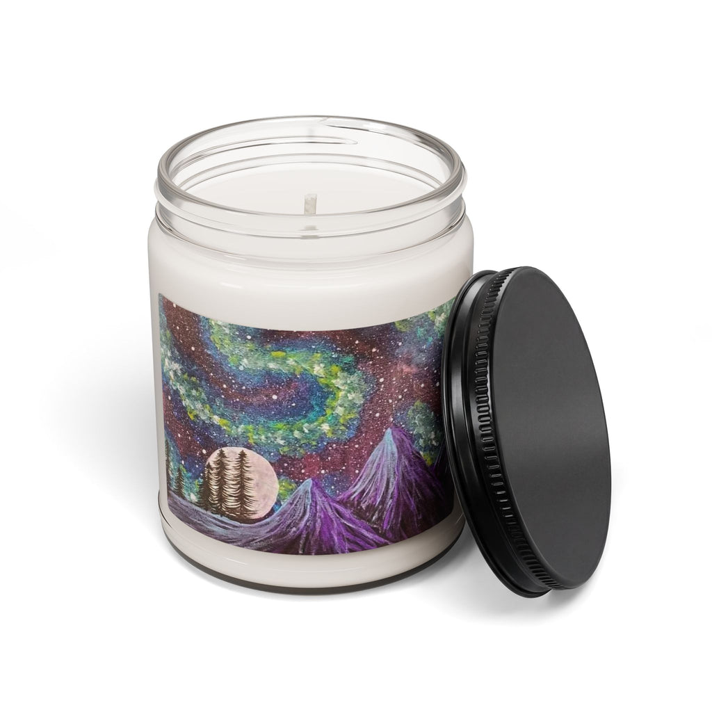 Aurora Night Soy Candle — 9oz Scented Jar with Mountain & Moon Artwork