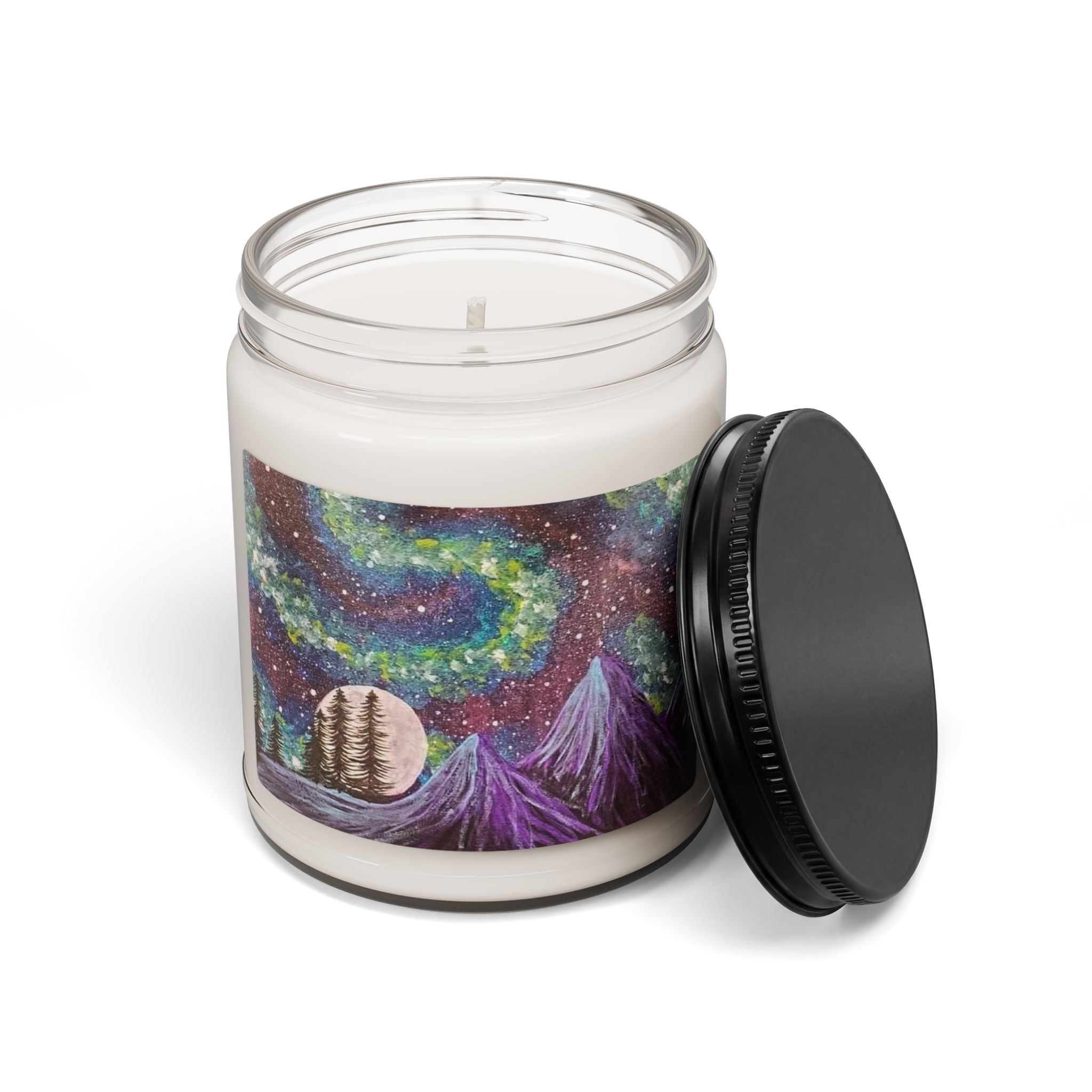 Aurora Night Soy Candle — 9oz Scented Jar with Mountain & Moon Artwork