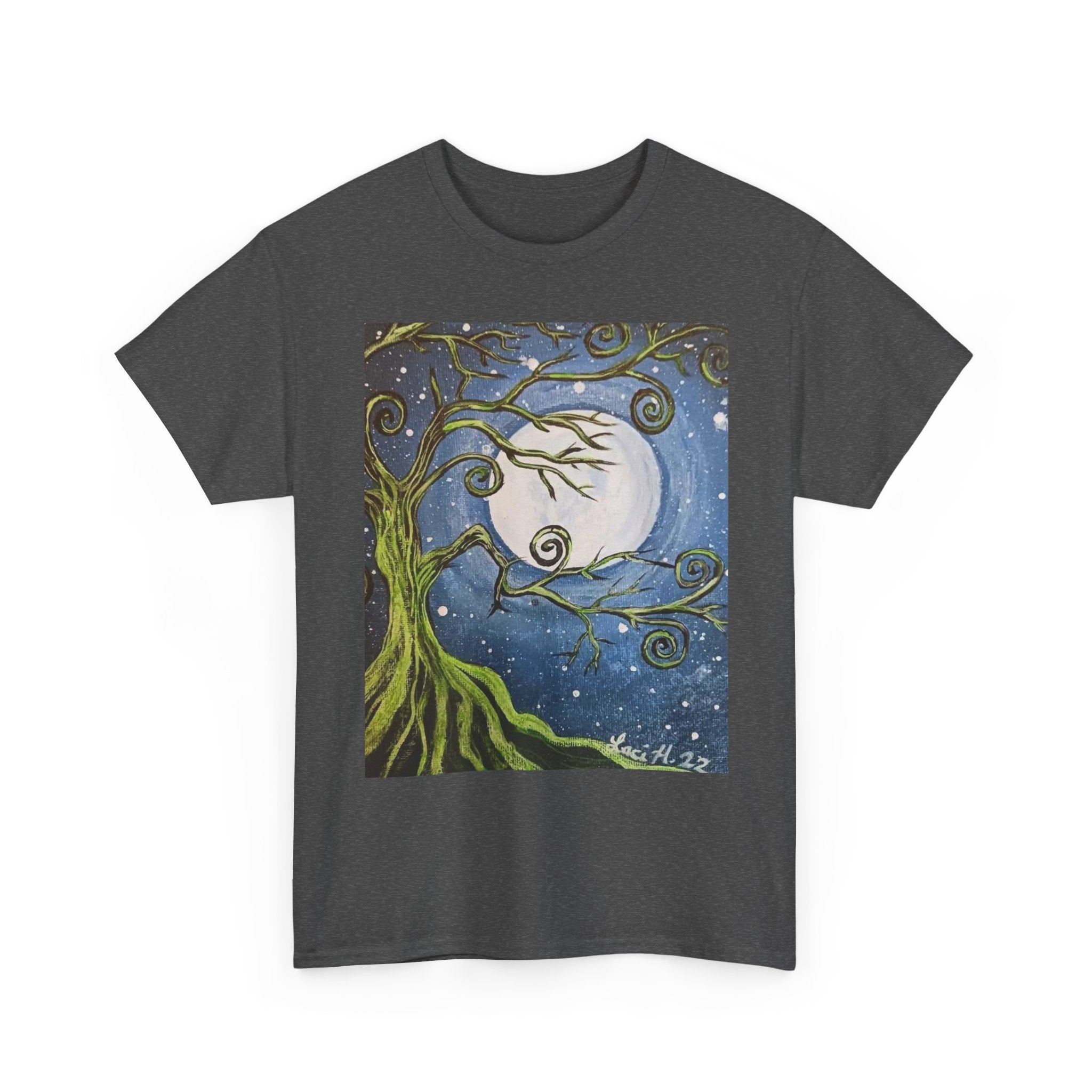 Ethereal Moonlight Tee, Unisex Heavy Cotton Tee, Night Sky Shirt, Nature Lover Apparel, Mystic Tree Top, Gift for Stargazers