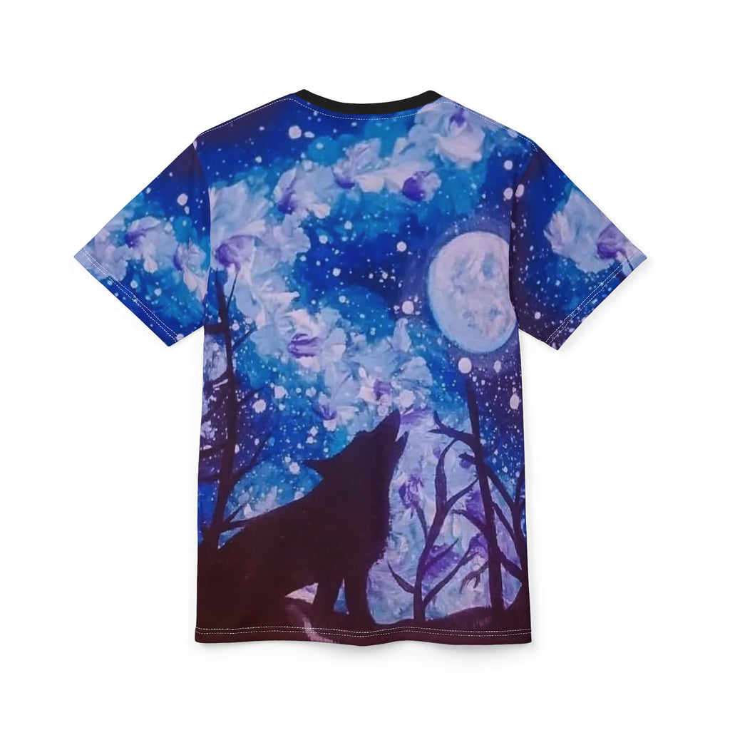 Celestial Wolf AOP Tee, Mystical Unisex Cut & Sew Shirt, Night Sky Apparel, Nature Lover Gift, Dreamy Graphic T-Shirt