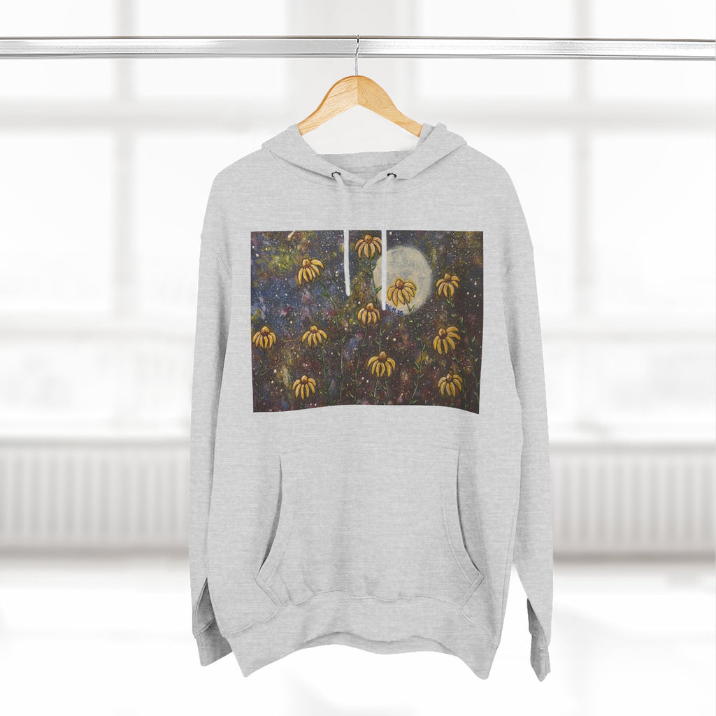 Moonlit Coneflowers Hoodie — Celestial Floral Graphic Fleece
