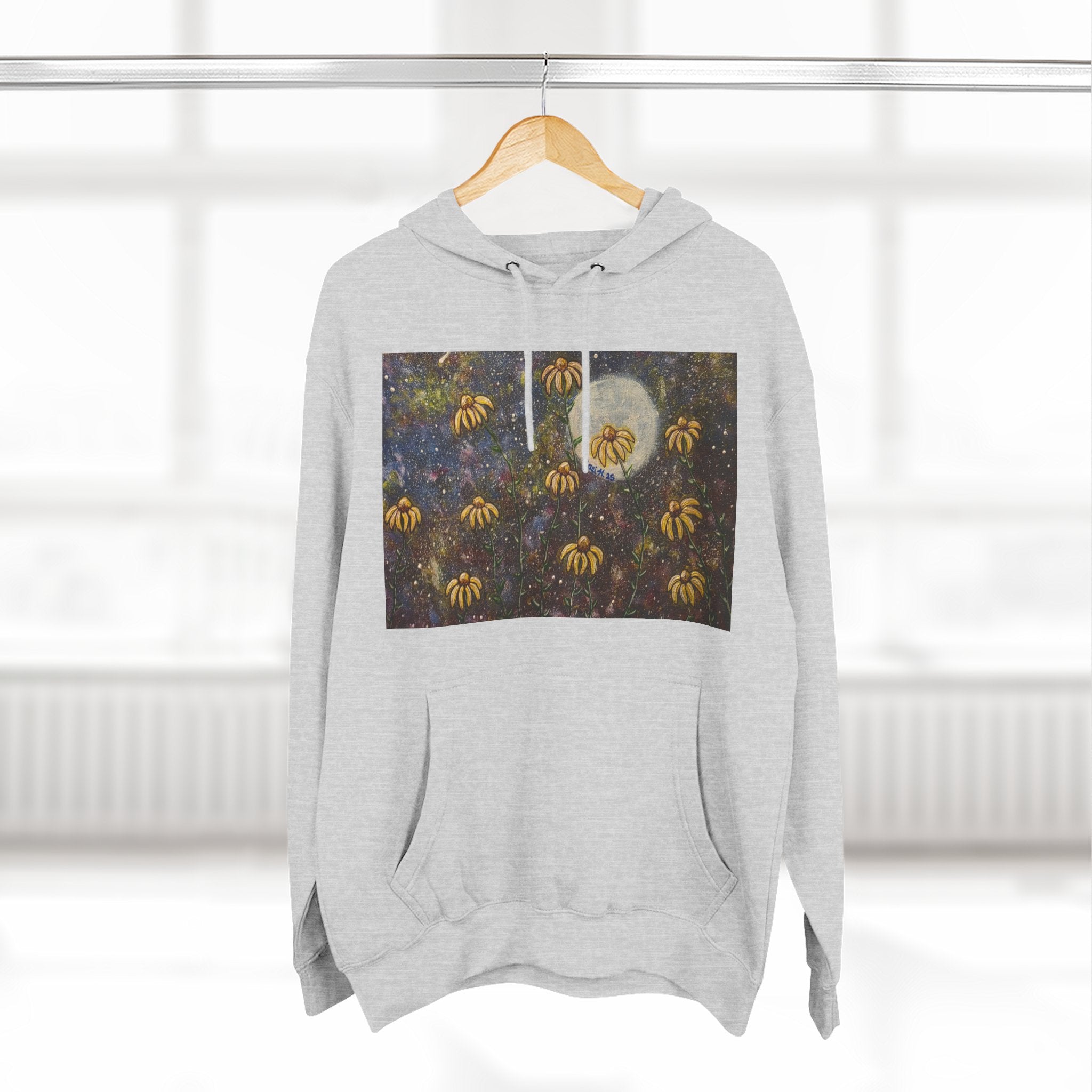 Moonlit Coneflowers Hoodie — Celestial Floral Graphic Fleece