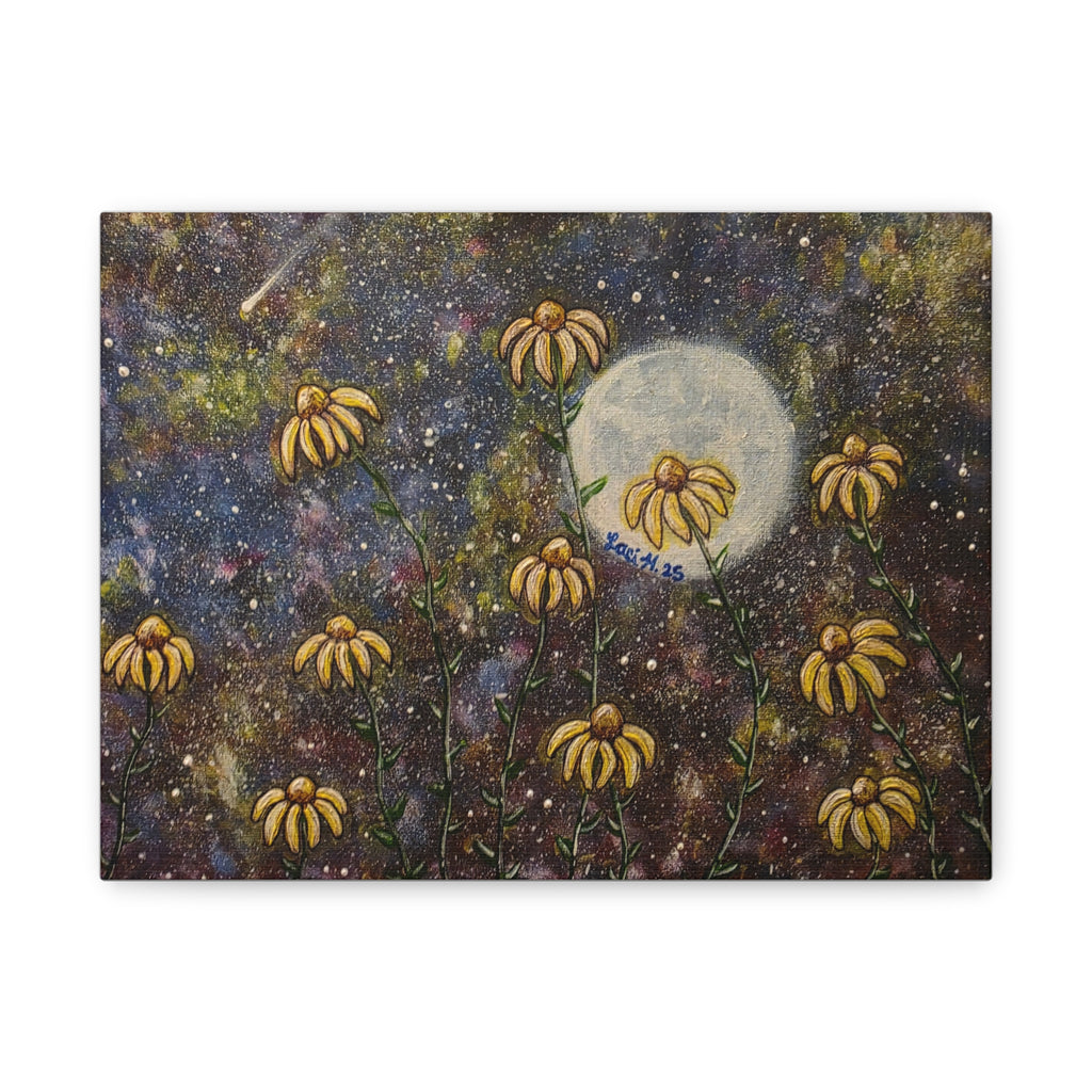 Moonlit Black-Eyed Susans Canvas Print — Botanical Night Sky Wall Art (Matte Stretched)