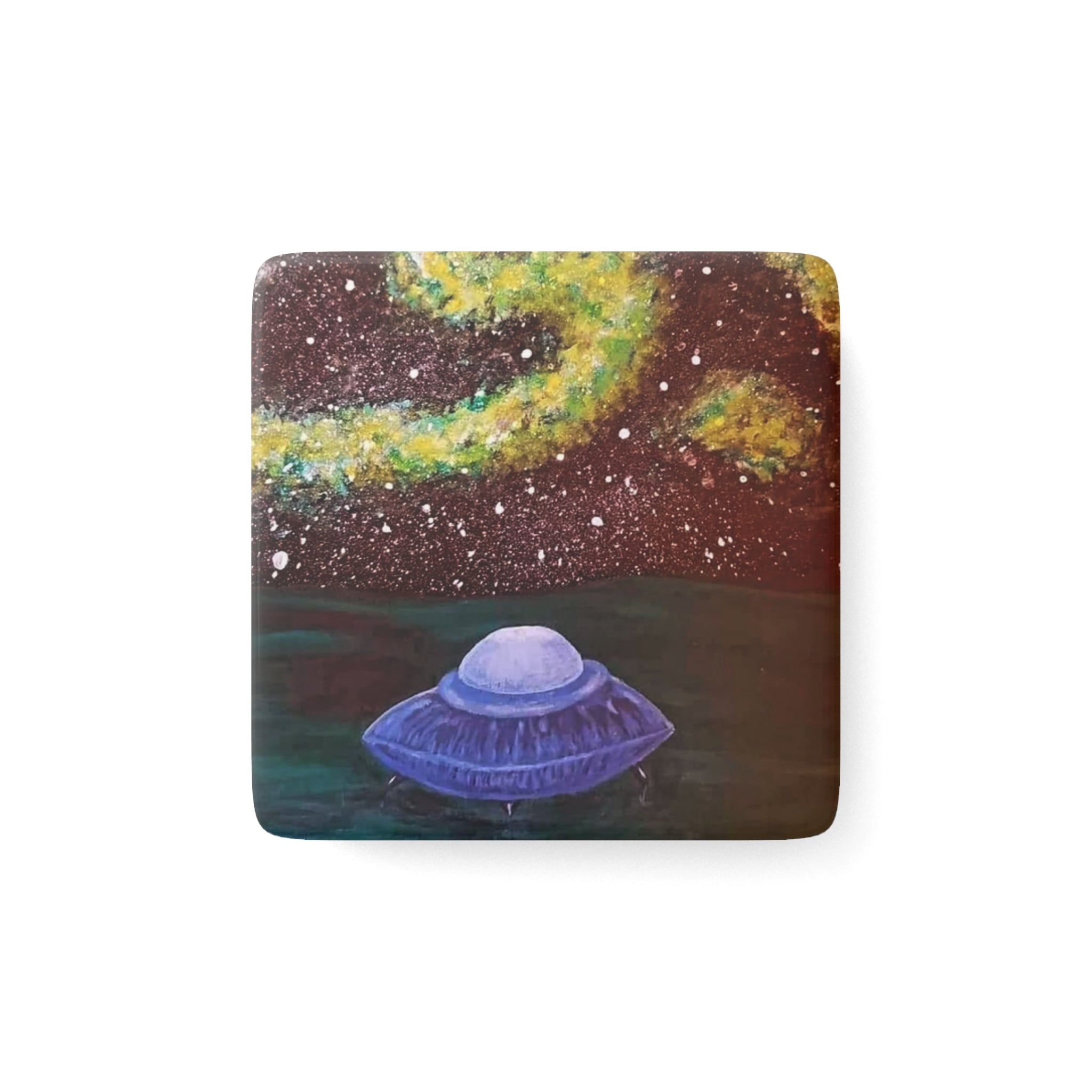 UFO Night Sky Porcelain Magnet — Cosmic Alien Saucer Art