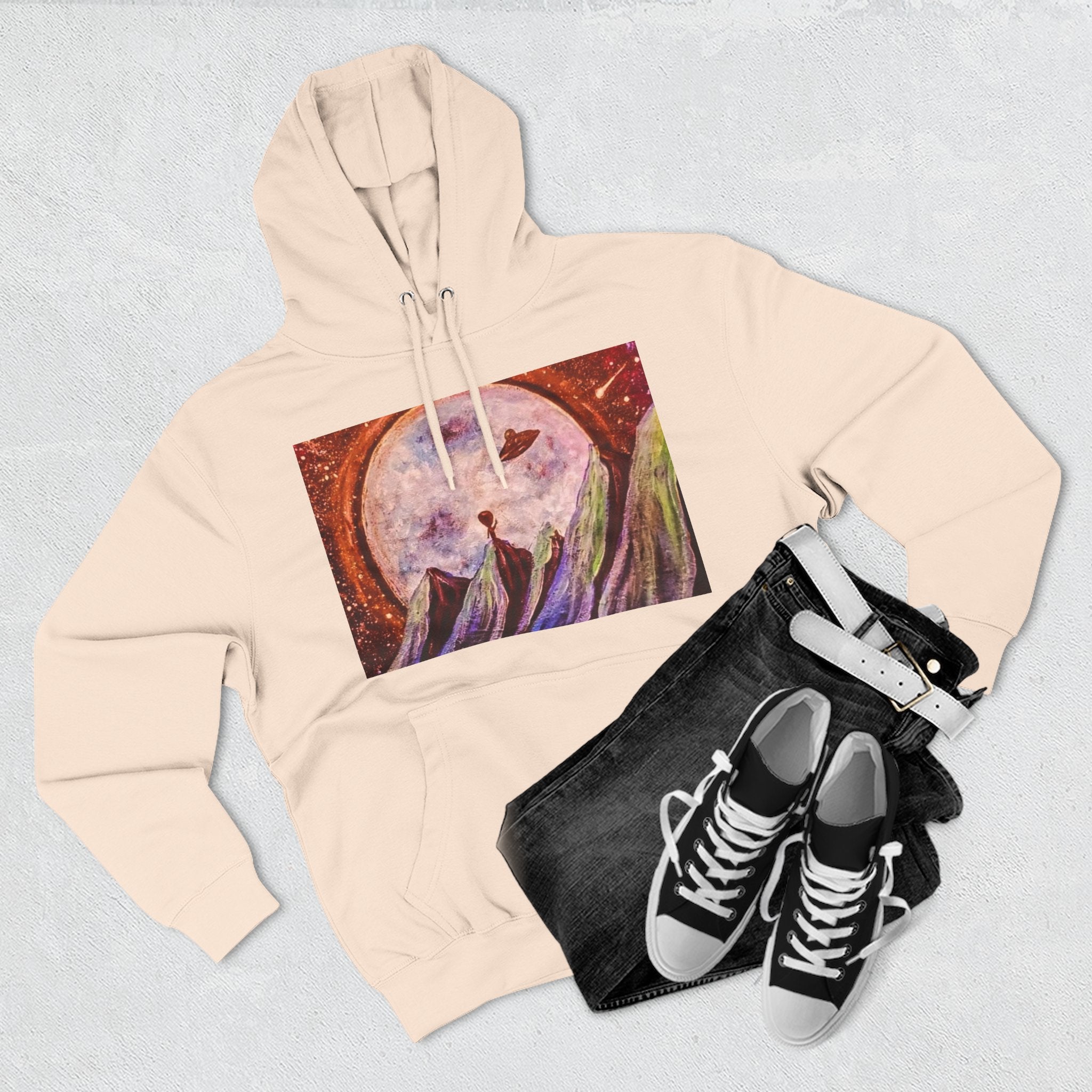 Moonlit Mountain Hoodie — Surreal Nightscape Art Fleece Hoodie