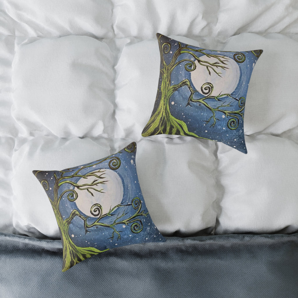 Whimsical Moonlit Tree Square Pillow — Decorative Canvas Accent Pillow