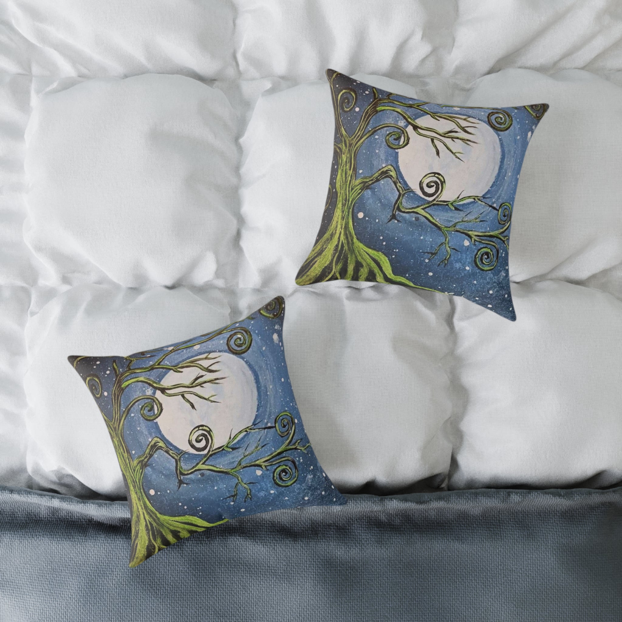 Whimsical Moonlit Tree Square Pillow — Decorative Canvas Accent Pillow