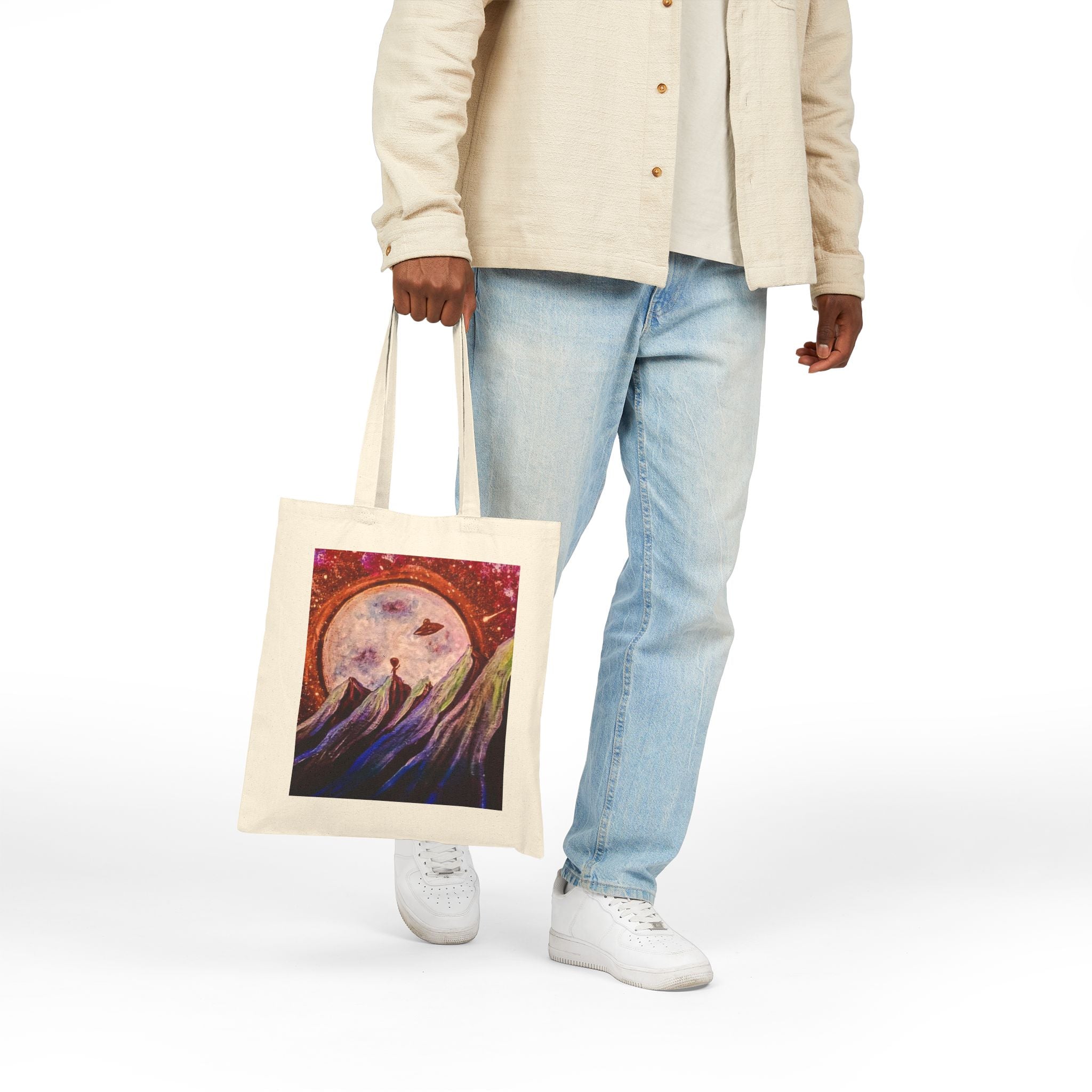 Moonlit Mountain Tote — Cosmic Moon & Howling Wolf Canvas Bag