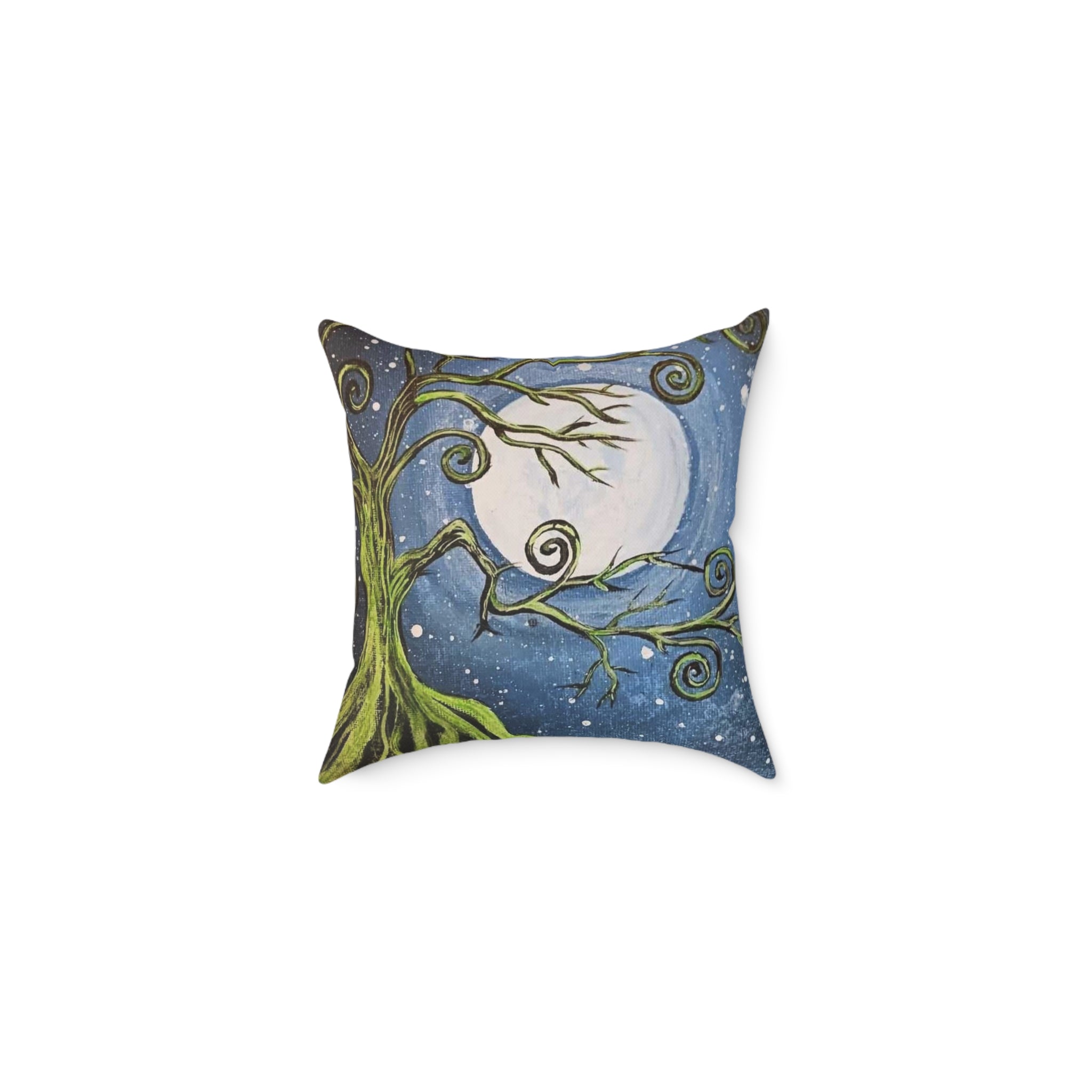 Whimsical Moonlit Tree Square Pillow — Decorative Canvas Accent Pillow