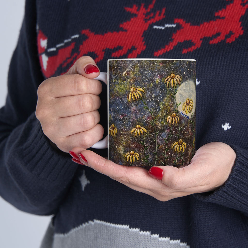 Moonlit Wildflower Mug — Floral Night Sky Ceramic Coffee Cup (11oz, 15oz)