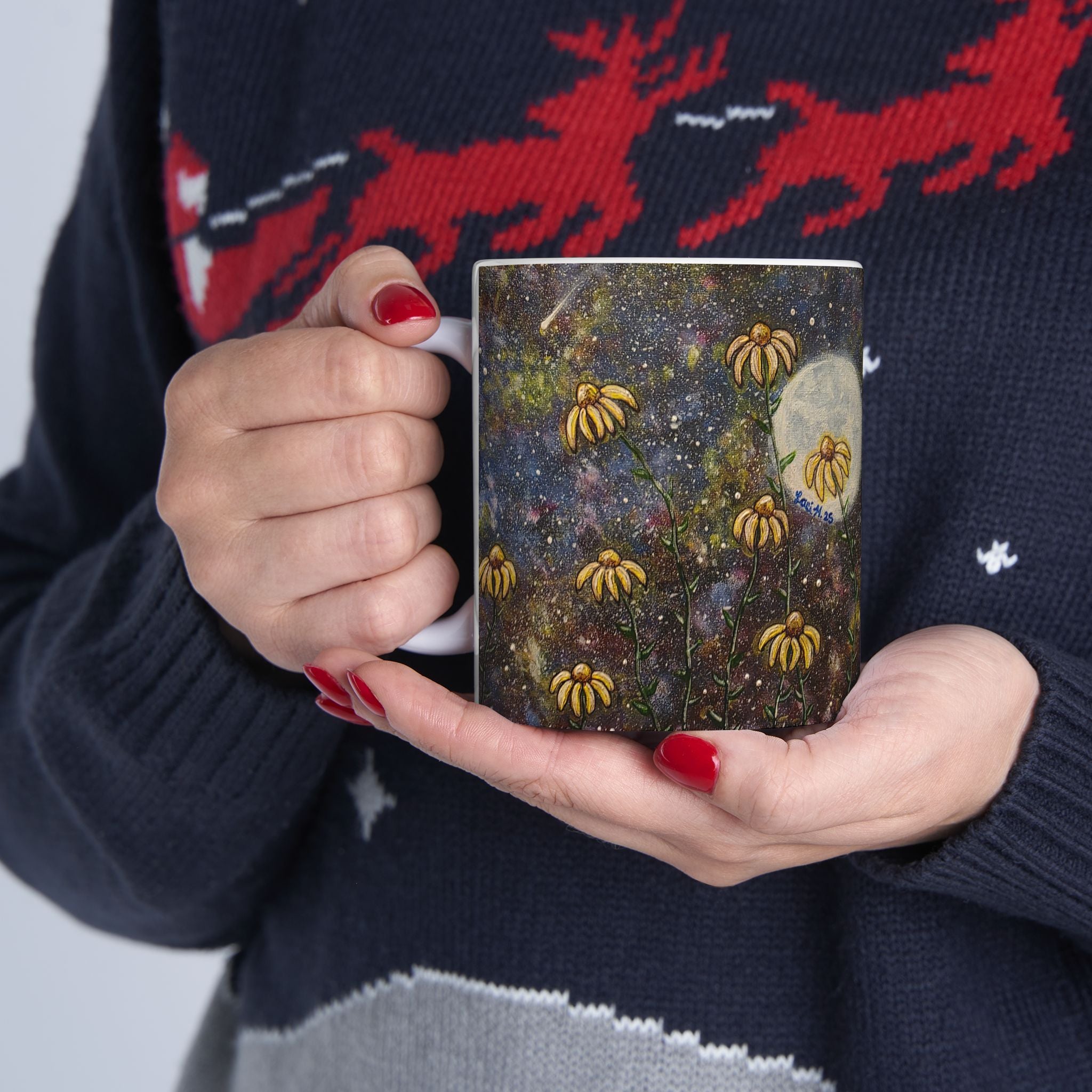Moonlit Wildflower Mug — Floral Night Sky Ceramic Coffee Cup (11oz, 15oz)
